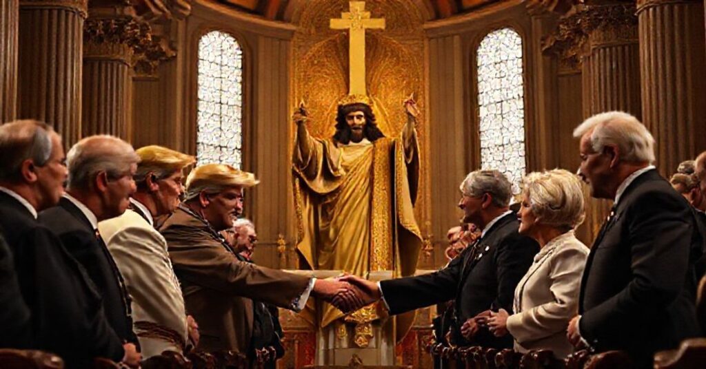 Wnętrze kościoła z rzeźbą Chrystusa Króla otoczonego politykami. Scena krytykuje fałszywe pokoje polityczne w kontekście prawdziwego Królestwa Chrystusa.