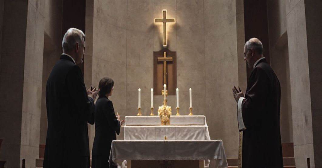 Wizerunek przedstawiający fałszywe poświęcenie kaplicy ku czci rzekomego świętego o. Pio w Głębowicach, z modernistycznymi elementami i pustą rytualnością neo-kościoła.