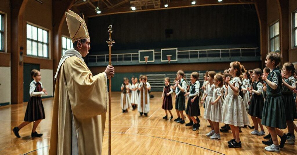 Scena przedstawiająca fałszywą 'poświęcenie' sali gimnastycznej przez modernistycznego 'biskupa' w szkole salezjanek, z dziećmi tańczącymi krakowiaka. Kontrastuje z prawdziwym katolickim poświęceniem.