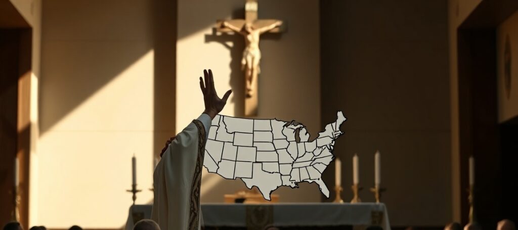 Obraz przedstawiający fałszywe poświęcenie USA Najświętszemu Sercu Jezusa przez nowoczesnych biskupów bez ważnych święceń w pustym kościele posoborowym