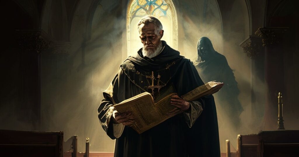 Tradycyjny ksiądz katolicki w tradycyjnym stroju liturgicznym trzyma kopię Trzeciego Sekretu Fatimskiego w ciemnej kościele.