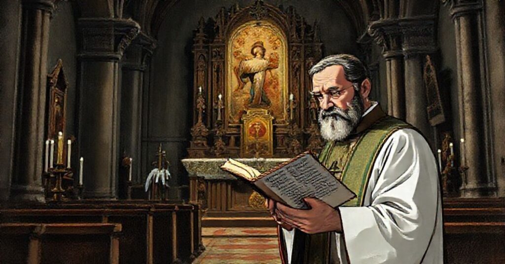 Prawdziwy ksiądz katolicki czytający o fałszywych proroctwach z La Salette w historycznej kościele