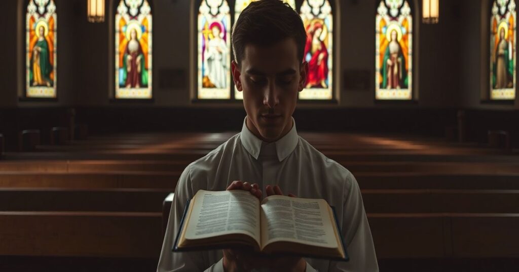 Młody mężczyzna modli się w pustym kościele z nowoczesnymi witrażami symbolizującymi herezję modernizmu.