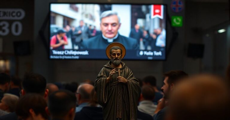 Ciemny obraz przedstawiający fałszywe rekolekcje na YouTube prowadzone przez rzekomego księdza Tomasza Chlebowskiego w Meksyku, z tłem przemocy i tradycyjnym obrazem św. Filipy Mareri.