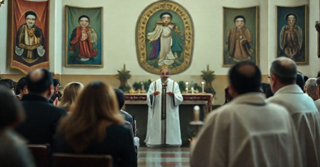 Obraz przedstawiający fałszywe rekolekcje w Meksyku dla młodzieży organizowane przez modernistycznych 'duchownych'.