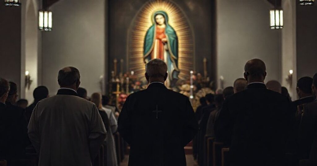 Scena przedstawiająca fałszywe rekolekcje KSM w Meksyku z udziałem modernistycznych duchownych i kultem synkretyzmu guadalupianizmu