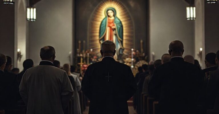 Scena przedstawiająca fałszywe rekolekcje KSM w Meksyku z udziałem modernistycznych duchownych i kultem synkretyzmu guadalupianizmu