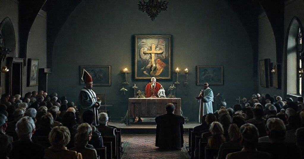 Zdjęcie przedstawiające fałszywych duchownych podczas heretyckich rekolekcji w Radomiu, ukazujące pustkę duchową nowoczesnej pseudo-kapłaństwa w świetle nauki katolickiej.