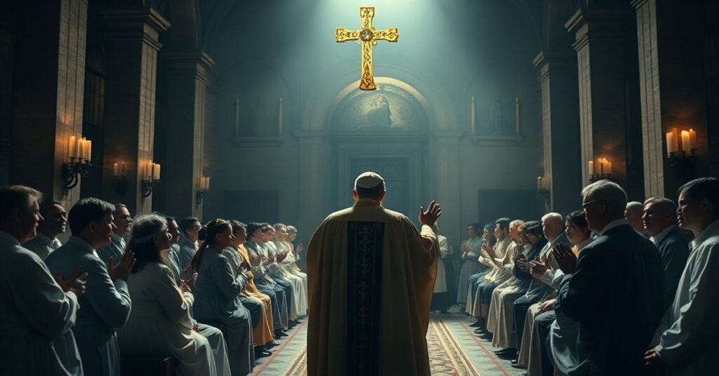 Tradycyjna katolicka scena przedstawiająca fałszywe rekolekcje ruchu Świato-Życie w Rzymie z udziałem Grzegorza Suchodolskiego i Kamila Duszka, błogosławionego przez uzurpatora Leona XIV.