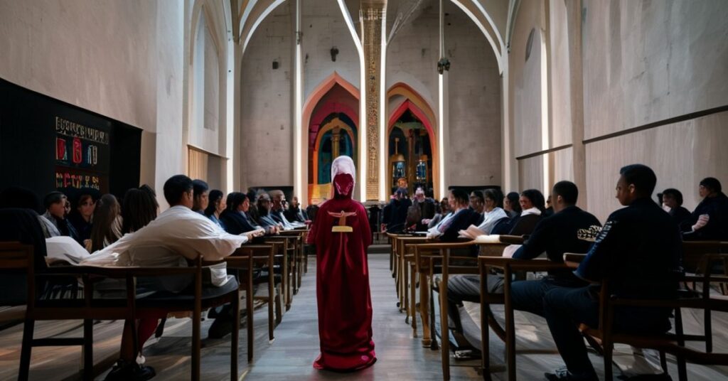 Wnętrze kaplicy katolickiej podczas manipulacyjnych rekolekcji dla młodzieży w Dąbrówce