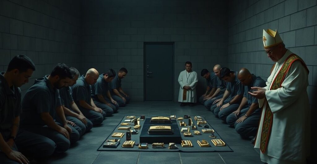 Sobór w więzieniu Potulice z fałszywymi relikwiami Karola Wojtyły, pokazujący manipulację wierzących bez pokuty.