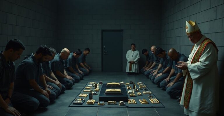 Sobór w więzieniu Potulice z fałszywymi relikwiami Karola Wojtyły, pokazujący manipulację wierzących bez pokuty.