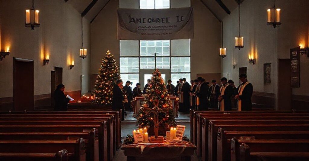 Ciemne wnętrze neo-kongregacji podczas fałszywych "rorat" z pusteławkami, nowoczesnym ołtarzem pochłoniętym propagandą działań charytatywnych - ulotkami wydarzeń dobrowolnych, choinką z "listami od bezdomnych" i banerami sekty "Światło-Życie". Na tle grupa laików w nowoczesnych szatach duchownych bez prawdziwych ornatów układa "namiot ciepła" i stoisko z żywnością. Atmosfera jest zimna i martwa w kontrastcie z rzekomym celem duchowym.