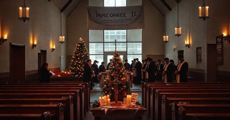 Ciemne wnętrze neo-kongregacji podczas fałszywych "rorat" z pusteławkami, nowoczesnym ołtarzem pochłoniętym propagandą działań charytatywnych - ulotkami wydarzeń dobrowolnych, choinką z "listami od bezdomnych" i banerami sekty "Światło-Życie". Na tle grupa laików w nowoczesnych szatach duchownych bez prawdziwych ornatów układa "namiot ciepła" i stoisko z żywnością. Atmosfera jest zimna i martwa w kontrastcie z rzekomym celem duchowym.