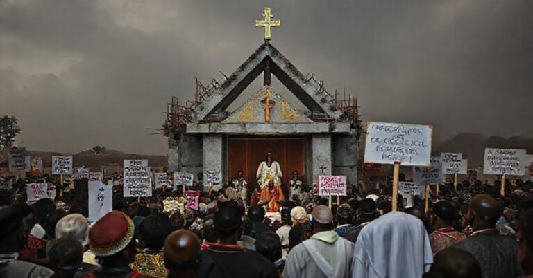 Scena przedstawiająca fałszywy kult 'Błogosławionej' Anuarite w Kongu, z modernistycznym sanktuarium i świeckimi przywódcami.