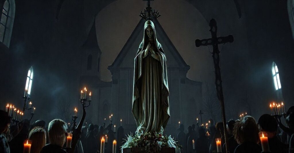 Zdjęcie przedstawiające fałszywe sanktuarium w Dębowiecu z figurą Płaczącej Pani z La Salette, otoczone nieprawidłowymi rytuałami i modernistyczną architekturą.