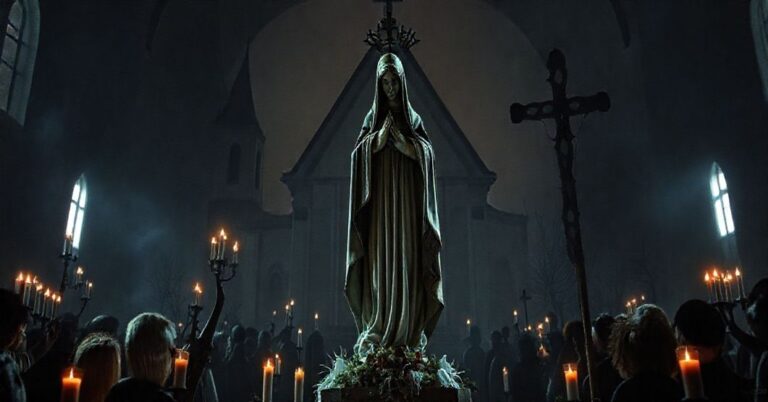 Zdjęcie przedstawiające fałszywe sanktuarium w Dębowiecu z figurą Płaczącej Pani z La Salette, otoczone nieprawidłowymi rytuałami i modernistyczną architekturą.