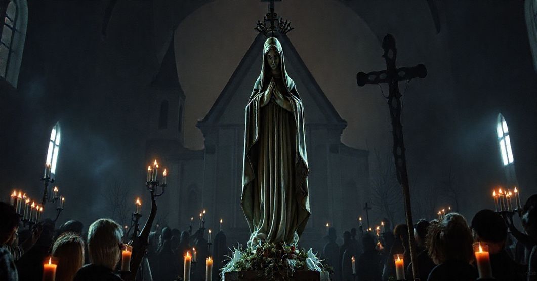 Zdjęcie przedstawiające fałszywe sanktuarium w Dębowiecu z figurą Płaczącej Pani z La Salette, otoczone nieprawidłowymi rytuałami i modernistyczną architekturą.