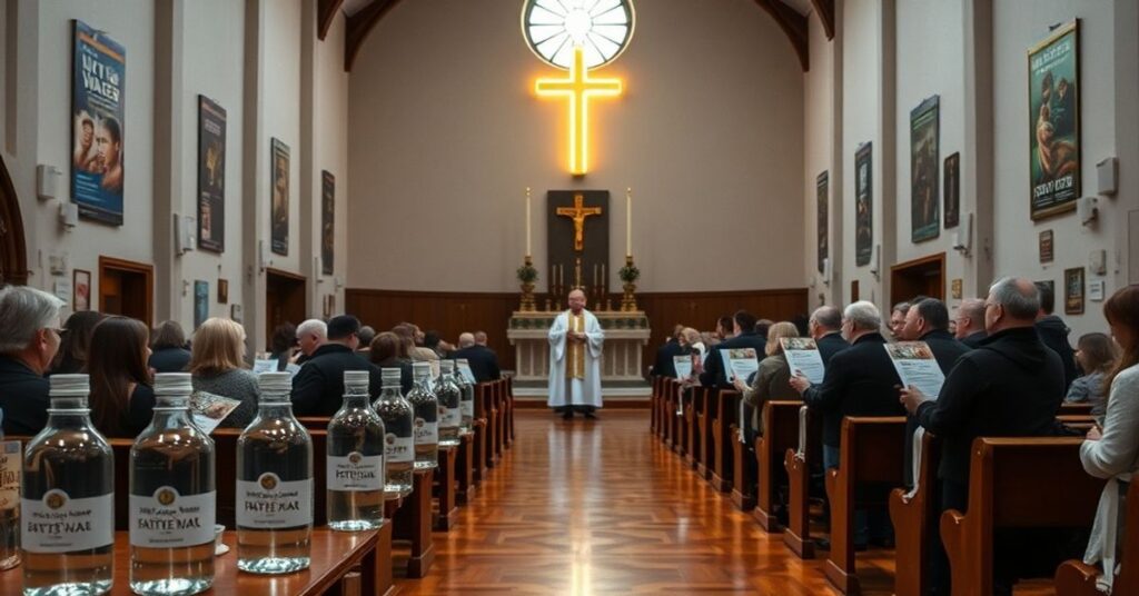 Sobór katolicki przedstawiający fałszywe sanktuarium św. Ignacego Loyoli w Jastrzębiej Górze z elementami nowoczesnymi i turystycznymi.