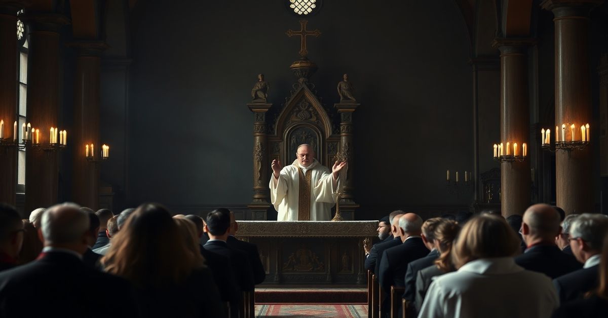 Wnętrze kościoła w Kaliszu podczas kazania modernistycznego biskupa Damiana Bryla o fałszywym miłosierdziu bez nawrócenia.