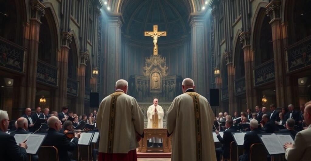 Wnętrze tradycyjnego kościoła katolickiego z dwoma mężczyznami w fałszywych szatach kapłańskich, otoczeni chórem i orkiestrą wykonującą nie-liturgiczną muzykę