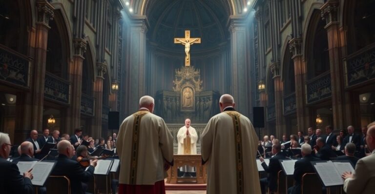 Wnętrze tradycyjnego kościoła katolickiego z dwoma mężczyznami w fałszywych szatach kapłańskich, otoczeni chórem i orkiestrą wykonującą nie-liturgiczną muzykę