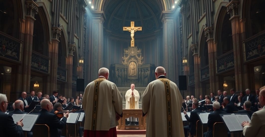 Wnętrze tradycyjnego kościoła katolickiego z dwoma mężczyznami w fałszywych szatach kapłańskich, otoczeni chórem i orkiestrą wykonującą nie-liturgiczną muzykę