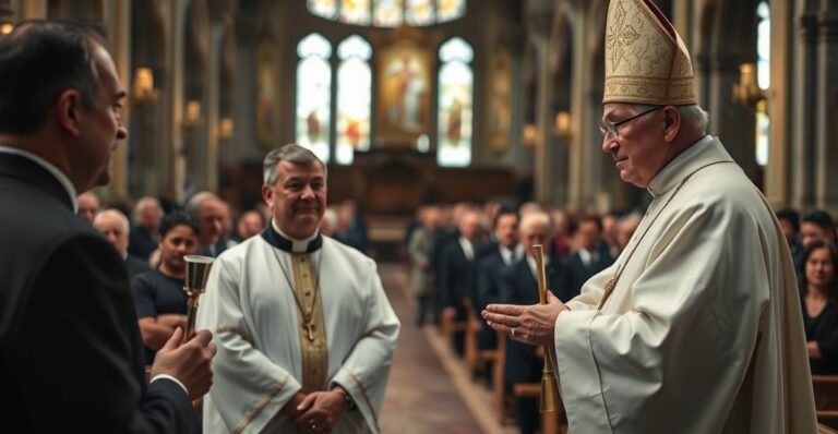 Wnętrze katedry, gdzie odbywa się rzekome święcenie kapłańskie bez ważnej sukcesji apostolskiej, z dwoma mężczyznami w albach i fałszywym biskupem. Scena jest ciemna, smutna, podkreślająca pustkę rytuału.