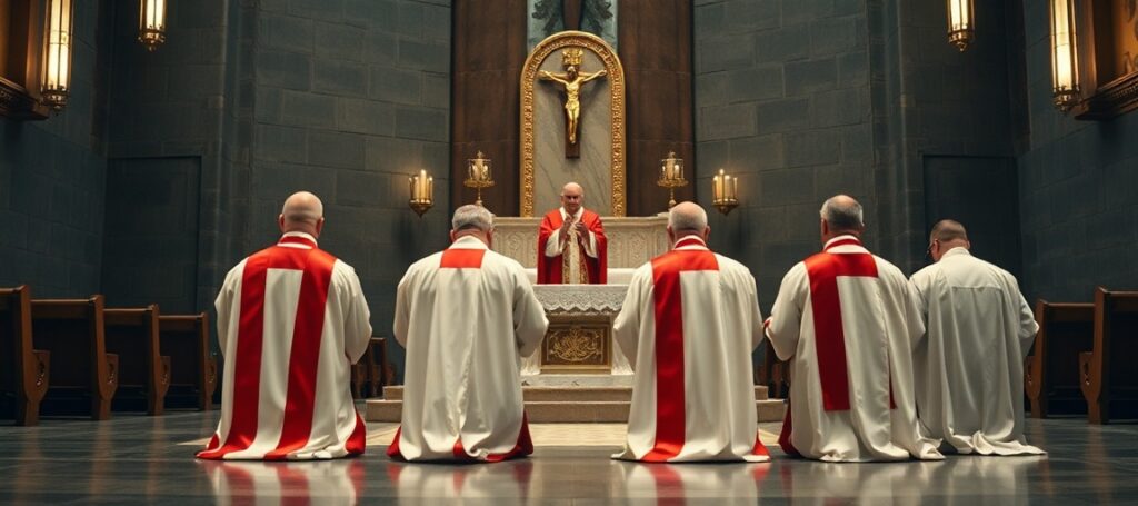 Realistyczny obraz czterech mężczyzn w kościelnych szatach podczas fałszywej ceremonii kapłańskiej w nowoczesnej katedrze katolickiej.