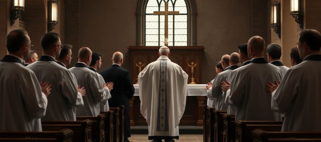 Ciemny i poważny obraz tradycyjnego rytu liturgicznego podczas fałszywej ceremonii święceń w nowoczesnym kościele posoborowym.