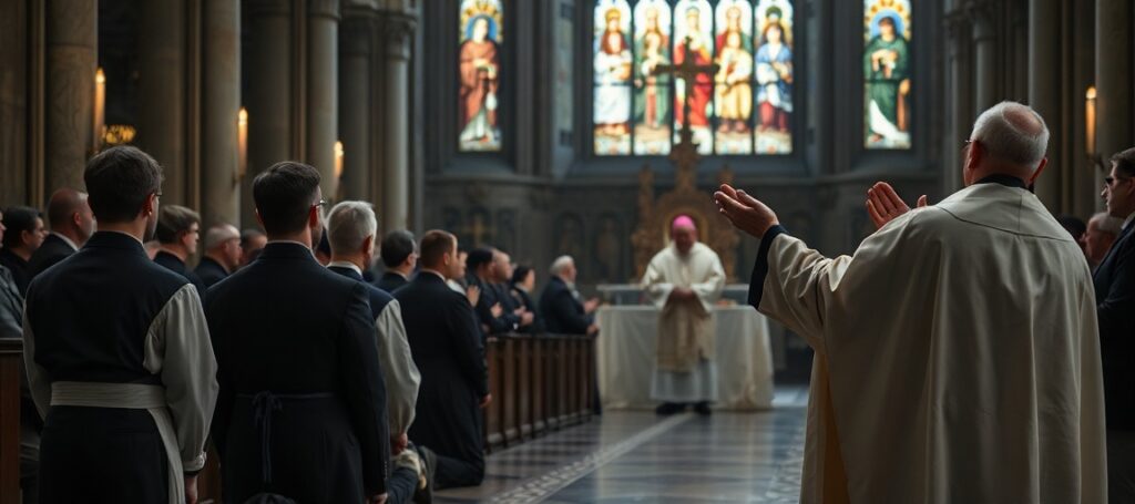 Czterech młodych mężczyzn w modernistycznych szatach kapłańskich podczas fałszywej ceremonii święceń w katedrze we Włocławku