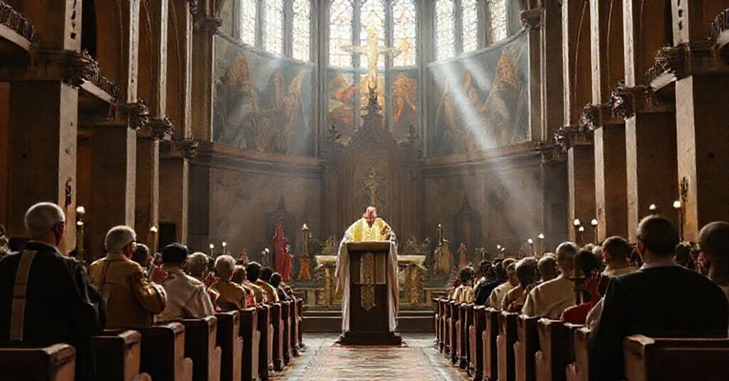 Realistyczny obraz modernistycznej 'mszy' w poznańskiej świątyni z abp. Gądeckim przewodniczącym ceremonii z fałszywymi świętymi i 'świadkami wiary'.