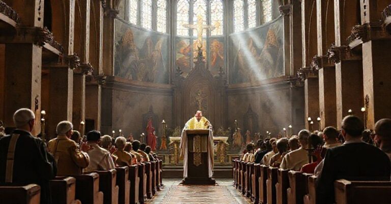 Realistyczny obraz modernistycznej 'mszy' w poznańskiej świątyni z abp. Gądeckim przewodniczącym ceremonii z fałszywymi świętymi i 'świadkami wiary'.