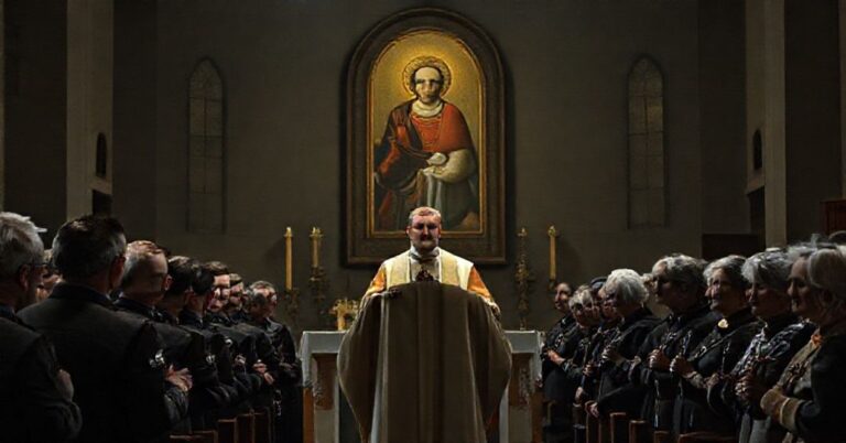 Scena przedstawiająca Marka Jędraszewskiego podczas pseudo-liturgii w Hucisku w 2025 roku.