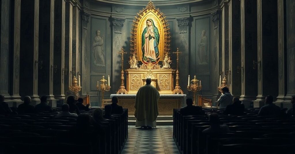 Scena w Bazylice Watykańskiej z fałszywym "papieżem" Robertem Prevostem odbywającym herezarchiczną "mszę" pod fałszywym obrazem Guadalupe