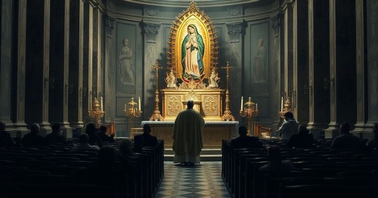 Scena w Bazylice Watykańskiej z fałszywym "papieżem" Robertem Prevostem odbywającym herezarchiczną "mszę" pod fałszywym obrazem Guadalupe