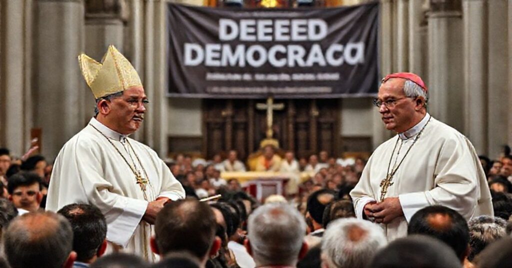 Zdjęcie przedstawiające fałszywych biskupów na Filipinach w katedrze w Manili, podczas modernistycznej zdradzieckiej przemowy.