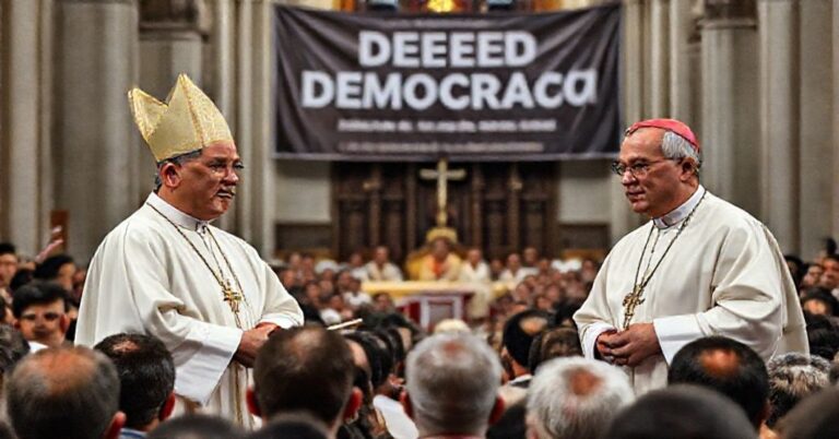 Zdjęcie przedstawiające fałszywych biskupów na Filipinach w katedrze w Manili, podczas modernistycznej zdradzieckiej przemowy.