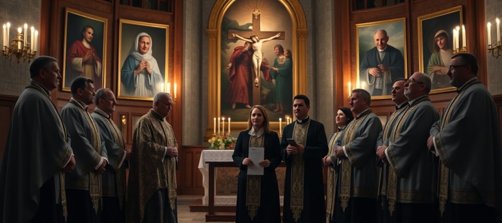 Wnętrze Narodowego Sanktuarium św. Józefa w Kaliszu z pseudo-biskupami Piotrem Gregerem i Łukaszem Buzunem oraz psycholog Darii Jurek podczas fałszywej mszy nowego porządku – symbol schizmy i pustki sakramentalnej