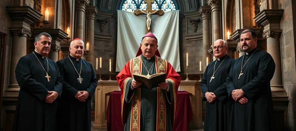 Cztery mężczyzn w strojach biskupów SSPX po fałszywej konsekracji w zrujnowanej kaplicy watykańskiej – oszustwo witalności tradycji bez sakramentalnej mocy