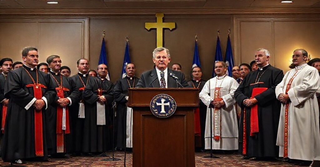 Zdjęcie przedstawiające fałszywych duchownych z Konferencji Katolickiej Tennessee na konferencji prasowej wzywajacej do zaprzestania egzekucji.