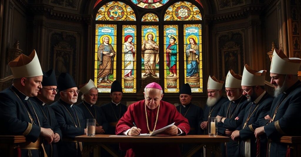 Grupa fałszywych hierarchów katolickich w Jerozolimie podpisuje herezyjskie dokument potępiający chrześcijański syjonizm. Scena przedstawia wnętrze kościoła z tradycyjnymi elementami katolickimi.