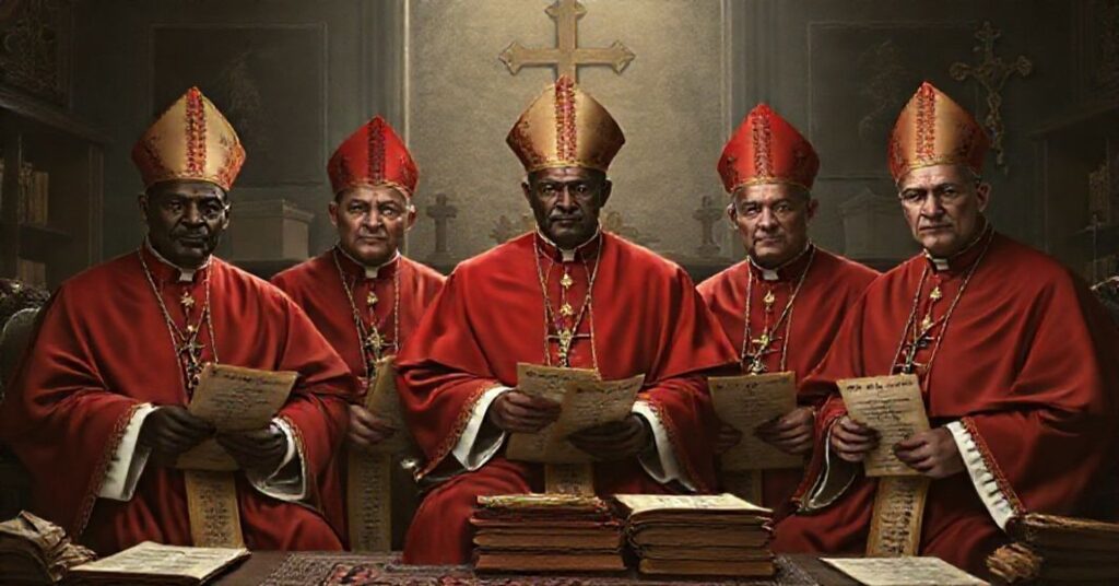 Scena przedstawiająca pięciu fałszywych "kardynałów" w fałszywej szacie purpurowej, otoczonych dokumentami z manipulowanymi datami urodzenia w opuszczonym biurze Watykanu