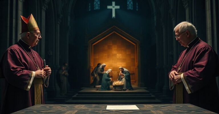 Trzej biskupi w tradycyjnych ornatach stojąc w ciemnym koście przed sceną Bożego Narodzenia, podpisują dokument z troskliwym wyrazem twarzy.