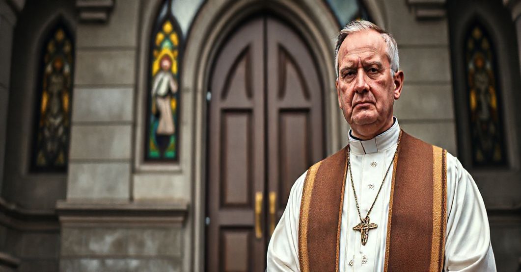 Ksiądz w tradycyjnych szatach kapłańskich stoi przed zamkniętymi drzwiami kościoła, symbolizując prześladowanie prawdziwej religii. Na tle widoczna jest nowoczesna budowla świecka, reprezentująca fałszywe pojęcie wolności religijnej propagowane przez PKWP.