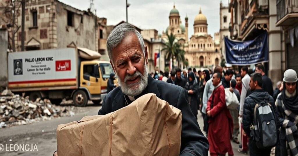 Arcybiskup Paolo Borgia rozdaje pomoc humanitarną w Libanie podczas rzekomej misji papieskiej