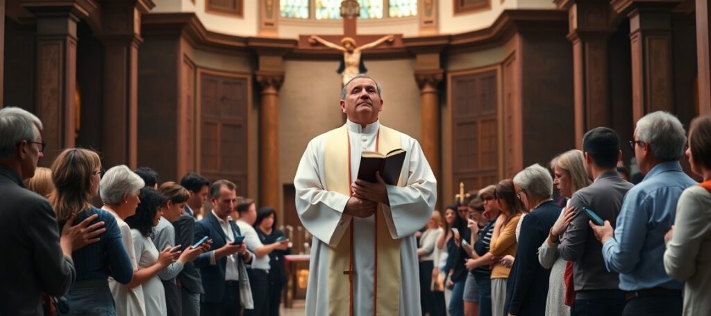 Kapłan w białych szatach modli się przed ołtarzem w barokowym kościele podczas mszy tradycyjnej, podczas gdy tłum wiernych w nowoczesnym stroju stoi z tyłu w dezorientacji