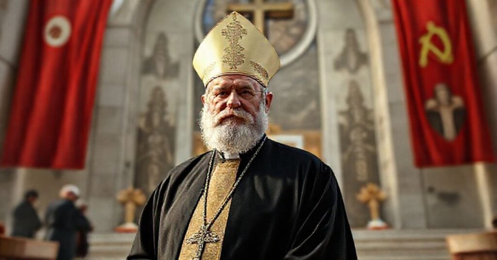 Obraz przedstawiający fałszywego "biskupa" Simona Kulliego z Albanii przed modernistycznym kościołem symbolizującym synkretyzm nad wiarą katolicką