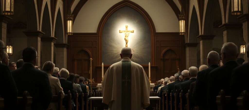 Wnętrze neomodernistycznej kaplicy benedyktyńskiej w Belleville z Godfreyem Mullenem jako fałszywym biskupem prowadzącym 'liturgię' bez Ofiary Chrystusa.