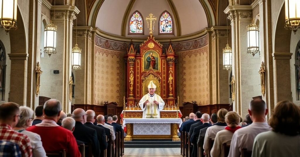 Wizerunek fałszywego biskupa Waldemara Musiała podczas kontrowersyjnej homilii w Sanktuarium św. Rity w Głęboczku, krytykujący tradycyjne nauki katolickie o grzechu i łasce.